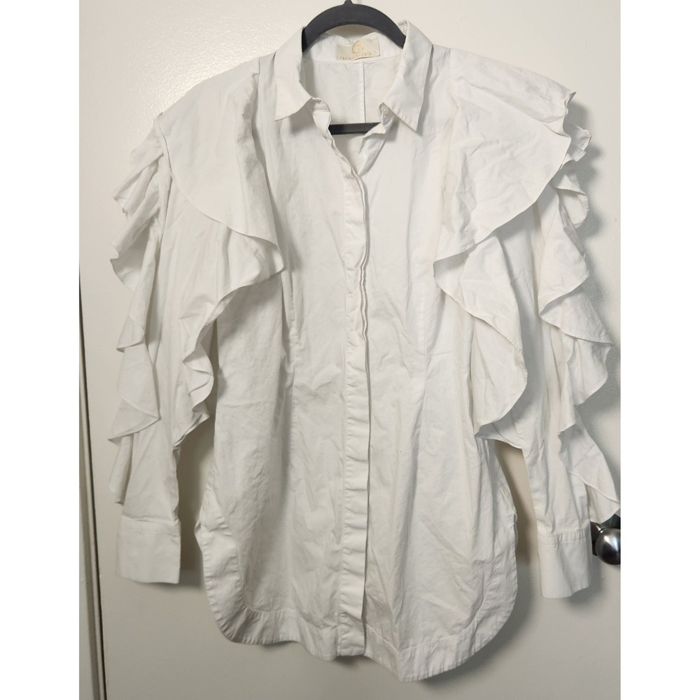 Sara Battaglia Ruffled Cotton Poplin Shirt White EU 46 Medium Button Front